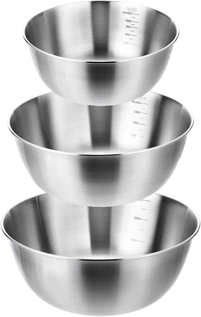 TINSKY 3 Pcs Stainless Steel Mixing Bowls Set Food Grade 304 Metal Nesting Prep Bowls for Kitchen Cooking Baking Salad, Dishwasher Safe (1.5, 2.2, 3.4 Qt)