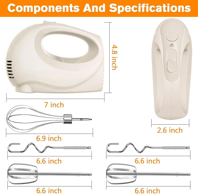 Showvigor Electric Hand Mixer with 5 Stainless Steel Whisks,5 Speed,Ivory | Portable Kitchen Mixer Electric Whisk, Food Beater for Whipping Mixing Cookies