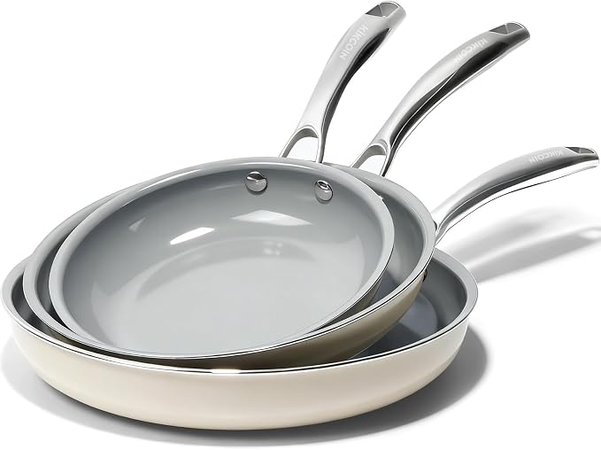 Kikcoin Ceramic Nonstick Frying Pan Set, 3 Pack 8/9.5/11 Inch Skillets, PFAS-Free Non Toxic Pans for Cooking, Induction, Oven & Dishwasher Safe