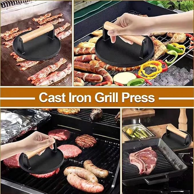 Kitchen Tools 5.7"Cast Iron Smashed Burger Press, Round Flat Edge Grill Press for Crispy Smash Burgers Burger Tool for Grill and Griddle BBQs and Tailgates Gifts for Men and BBQ Enthusiasts
