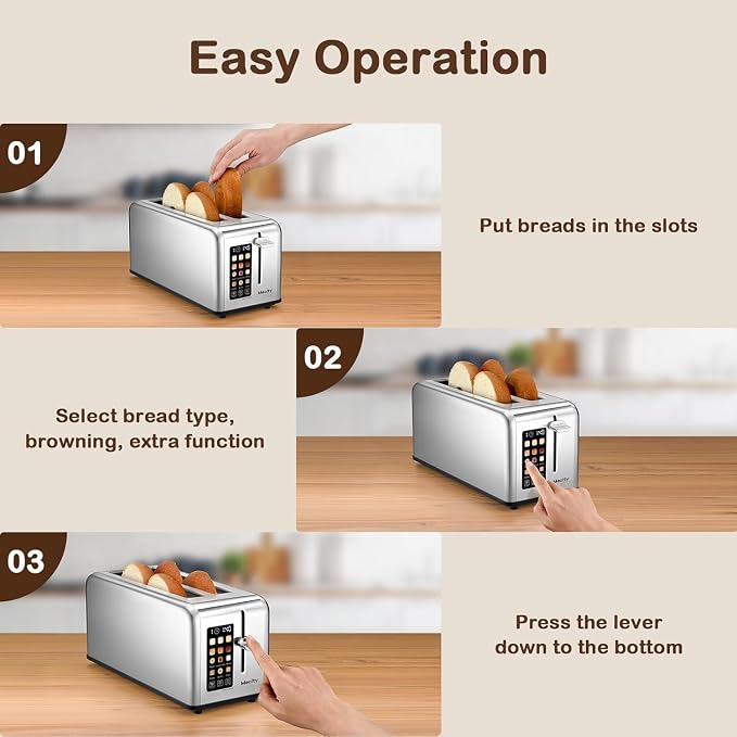 Mecity Touchscreen Toaster, 2 Long Slots for 4 Slices, Digital Bread & Browning Control, Stainless Steel Slim Toaster with Bagel, Gluten-Free, Defrost & Reheat, 120V, 1400W
