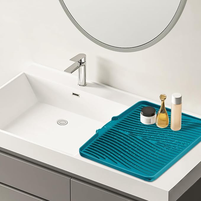 TIKNIK Silicone Dish Drying Mat for Kitchen Counter, Green-1pcs, 20" x 15" | Heat Resistant & Non-Slip Dish Drain Pad with Built-In Drain, Dishwasher Safe, Quick-Dry, Hangable & Roll-Up for Storage