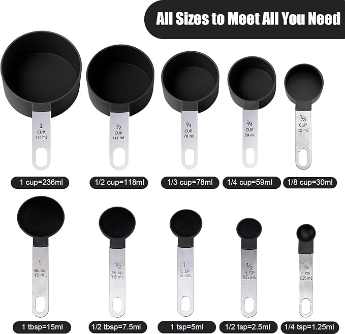 Measuring Cups and Spoons Set | 10-Piece Stackable Measuring Cups and Spoons for Dry and Liquid Ingredients (black)