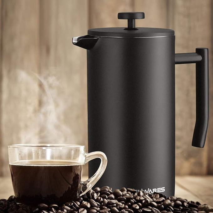 Large French Press Coffee Maker 50oz, 304-Grade Stainless Steel, Insulated | Double-Wall Coffee Press Keeps Hot, 4-Level Filter Blocks Grounds, Rust-Proof, 2 Extra Filters, Cold Brew, Matte Black (1.5L)