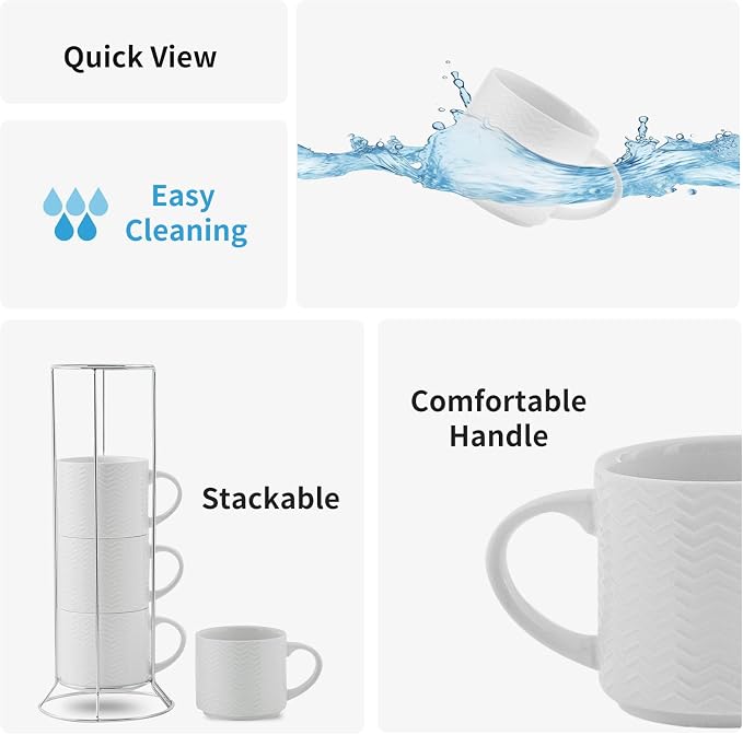 HASENSE 12oz Stackable Coffee Mug Set of 4 with Rack, Embossed White | Ceramic Coffee Mugs, Porcelain Coffee Cups for Latte, Cappuccino,Microwave Dishwasher Safe