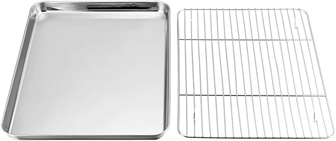 TeamFar Baking Sheet with Cooling Rack Set, 16 x 12 x 1 inch | Stainless Steel Quarter Sheet Pan Tray Cookie Sheet with Baking Rack, Non Toxic & Healthy, Mirror Finish & Dishwasher Safe