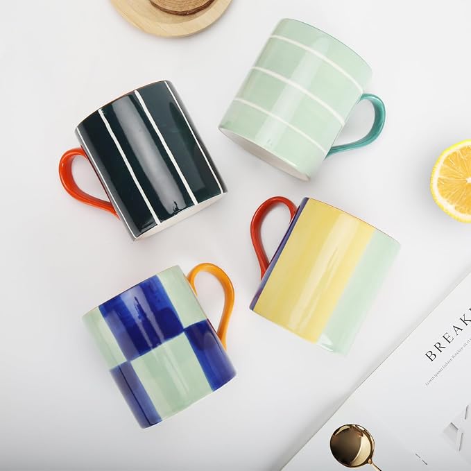 Koja Colorful Hand Painted Ceramic Mugs, 16 oz, Set of 4, Dishwasher Safe | Also microwave safe. Colorful hand painted set makes a great gift for coffee or tea lovers.
