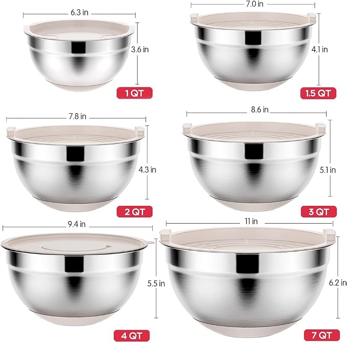Rottay 20PCS Stainless Steel Mixing Bowls with Airtight Lids Set | Includes 3 Grater Attachments and Non-Slip Bottoms with Size 7, 4, 3, 2, 1.5, 1QT Nesting Bowls for Baking, Meal Prep