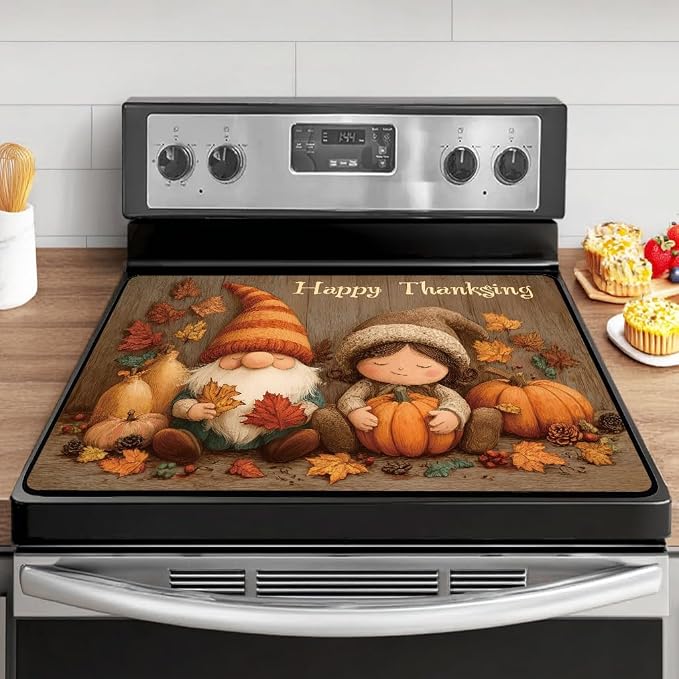 Stove Top Cover for Electric Stove - Happy Thanksgiving Day - Heat Resistant Glass Cooktop Cover,Little Girl & Gnomes Glass Cooktop Protector, Multipurpose Stove Top Protector