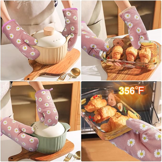 AUAUY Oven Mitts and Potholders, BBQ Gloves Heat Resistant, 1 Pair Oven Mitts and 2 Pot Holders, Cotton Non-Slip Cooking Gloves for Cooking Baking Kitchen Microwave Pizza(Daisy-Pink) | Cooking Gloves and Hot Pads Baking Mittens, Grilling Gloves BBQ Glo...