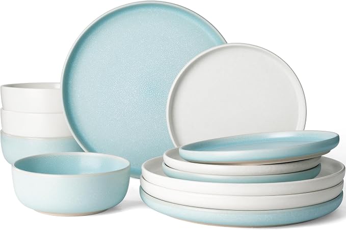 Famiware Milkyway 12-Piece Dinnerware Set, Matte Beige White & Light Blue | Stoneware Plates and Bowls for 4, Reactive Glaze Dish Set, Microwave & Dishwasher Safe, Chip & Scratch Resistant