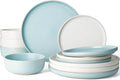 Famiware Milkyway 12-Piece Dinnerware Set, Matte Beige White & Light Blue | Stoneware Plates and Bowls for 4, Reactive Glaze Dish Set, Microwave & Dishwasher Safe, Chip & Scratch Resistant
