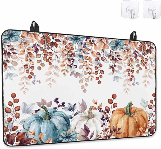 Stove Top Covers for Electric Stove 36x21 Inches, Fall Eucalyptus HeatResistant Glass Cooktop Protector, Orange Blue Pumpkins Thanksgiving Leaves Ceramic Stovetop Countertop Covers Mat, Oven Cover