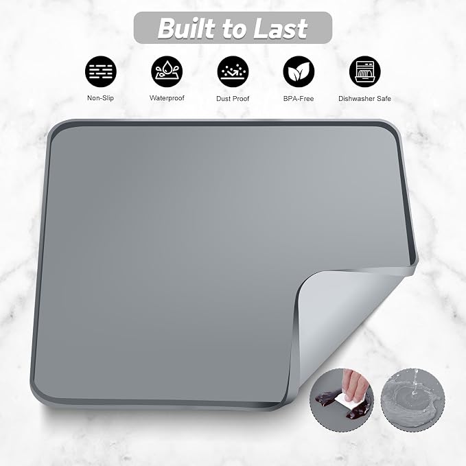 Garolue Silicone Coffee Mat,16"×16" Waterproof Heat Resistant Bar Mat for Espresso Machine Station Accessories,Non Slip Dish Drying Mat for Kitchen Counter,Home Decor Essentials,Grey