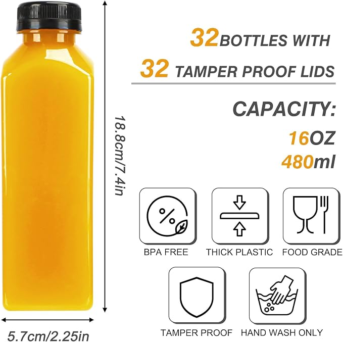 TOMNK 32pcs 16oz Plastic Juice Bottles with Caps, Sticker Labels, Brush | Clear Reusable Juice Containers with Lids and Labels, Funnel, Brush, Beverage Containers for Juicing, Smoothies, Tea, Milk
