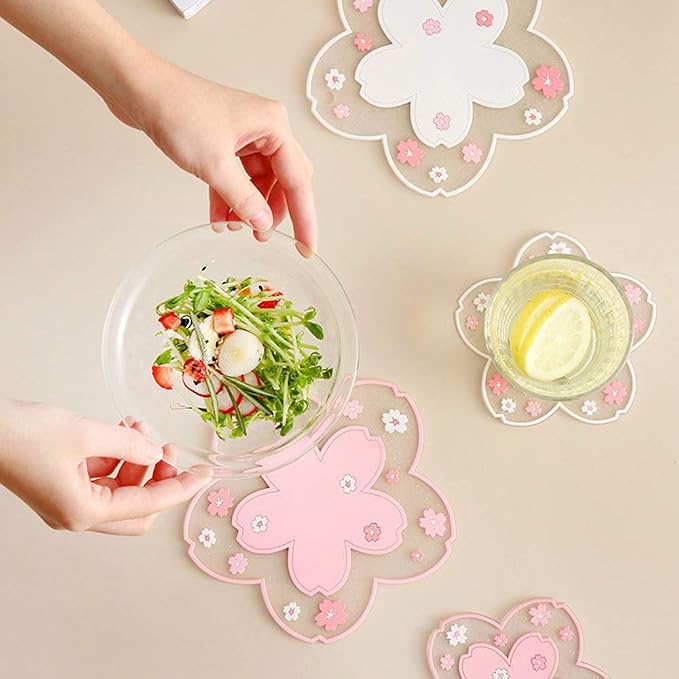 Sakura Coffee Cup Mat Kawaii Coaster 2PCS Cute Cherry Blossom PVC Home Tea Mug Pink Flower Pattern Anti-Skid Pot Bowl Pad Placemat for Desk Drink Table Decor Kawaii Accessories(Large)