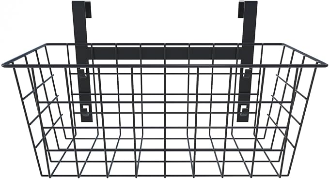 MaraFansie Basket with Hook, Grid Storage Basket, Over the Cabinet Door Organizer, Wire Hanging Basket with Hook Over the Railing, Under Sink Kitchen Cabinet, Pantry, Bathroom, Black, 2 Pack