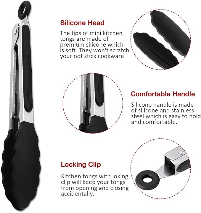 7 Inch Mini Silicone Serving Tongs with Silicone Tips Set of 2 | Stainless Steel Handle, Non-Scratch, Heat Resistant