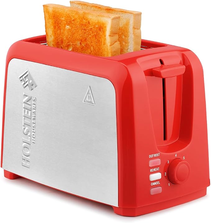 Holstein Housewares 2-Slice Toaster with 7 Browning Settings, Extra-Wide Slots, Reheat, Defrost, Cancel, High-Lift Release, Removable Crumb Tray – Compact Stainless Steel, Red
