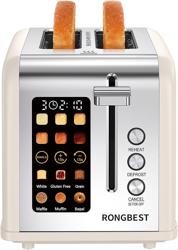 2 Slice Touch Screen Toaster Stainless Steel Wide Slots with Digital Touchscreen, Reheat & Defrost, Even Toasting for Family Breakfast Bagel & Bread, Easy Removable Crumb Tray, Cream Color