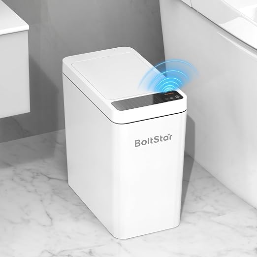 Solar Automatic Bathroom Trash Can: 2.6 Gallon Small Motion Sensor Garbage Can, No Charging Required, Slim Smart Touchless Trash Bin with Lid for Bedroom, Living Room, Office, RV, White