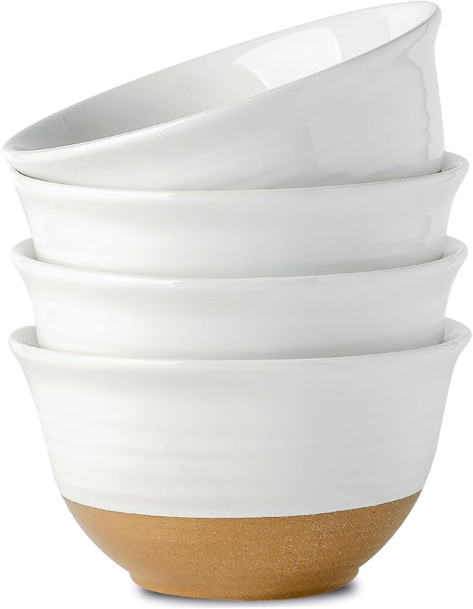 HASENSE Large Ceramic Soup Bowls Set of 4, 40 Oz 7 Inch White & Terracotta Stoneware Mixing Bowls, Farmhouse Bowls for Cereal, Salad, Pasta & Ramen, Dishwasher & Microwave Safe
