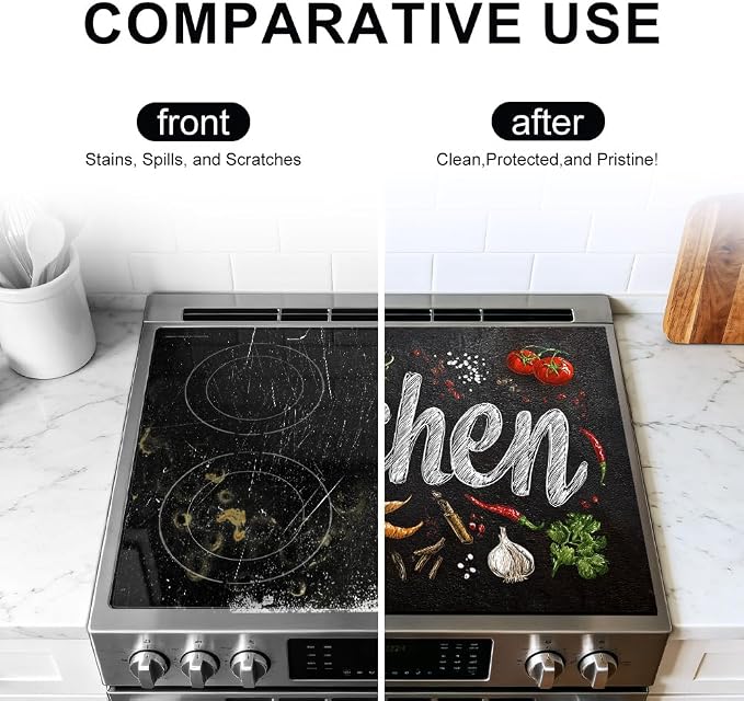 Chalkboard Kitchen Word Art Stove Top Cover 28.35x20.47in Farmhouse | Chalkboard kitchen word art stove top cover 28.35x20.47 in; herb spice farmhouse cooktop mat dishwasher safe machine washable