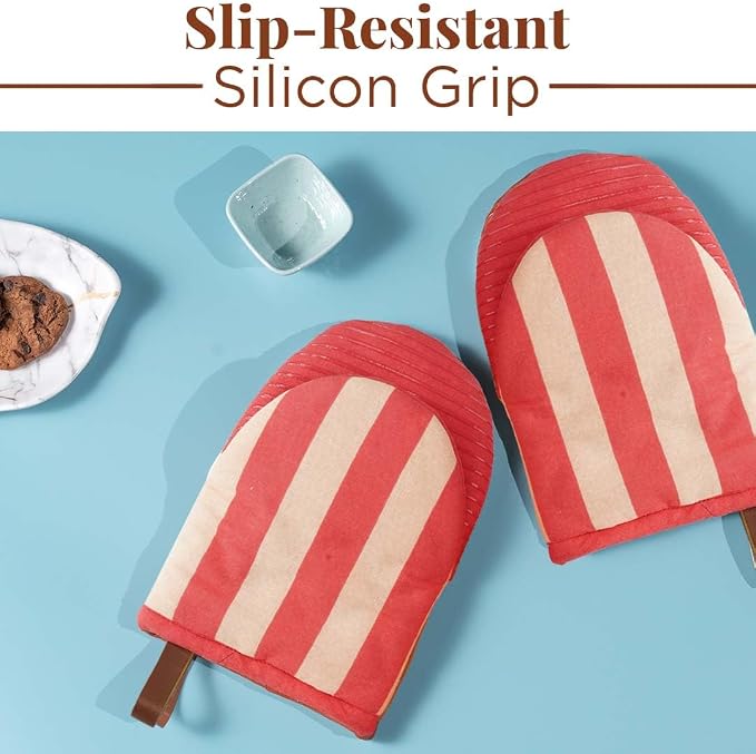 Folkulture Oven Mitts, Red Striped, Set of 2, Heat Resistant - (5.75"x9") | 100% Cotton, Non Slip, Silicone, Cute Striped Mini Mits with Hanging Loop, Kitchen Décor, Cooking Gifts, New Home Essentials