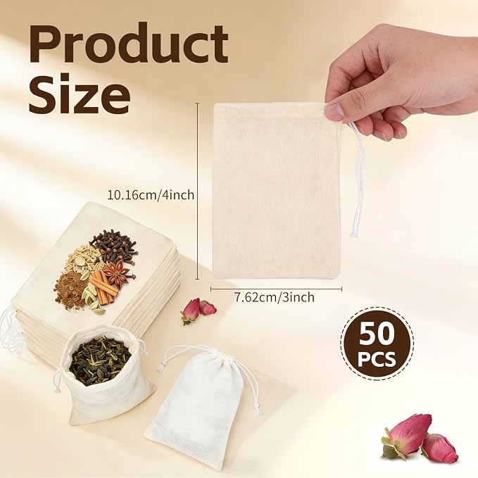 50 Pcs Tea Bags for Loose Leaf Tea, Reusable Tea Bags, Natural Unbleached Cotton Drawstring Sachet Bags, Empty Tea Bags for Spice, Herbs, Sachet & Filter Bags (3 x 4 Inches)