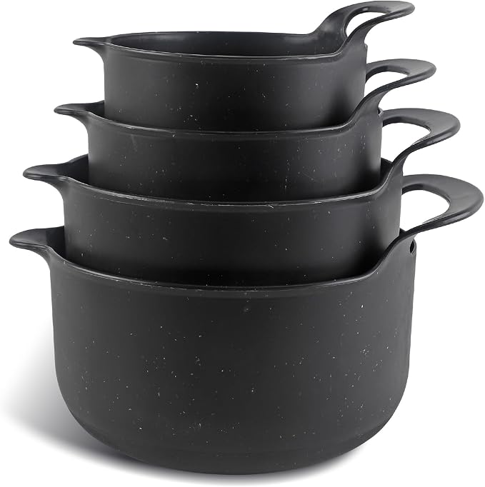 COOK WITH COLOR Nesting Plastic Mixing Bowl Set with Pour Spouts and Handles, Black Speckled, 4 Piece Non-Slip