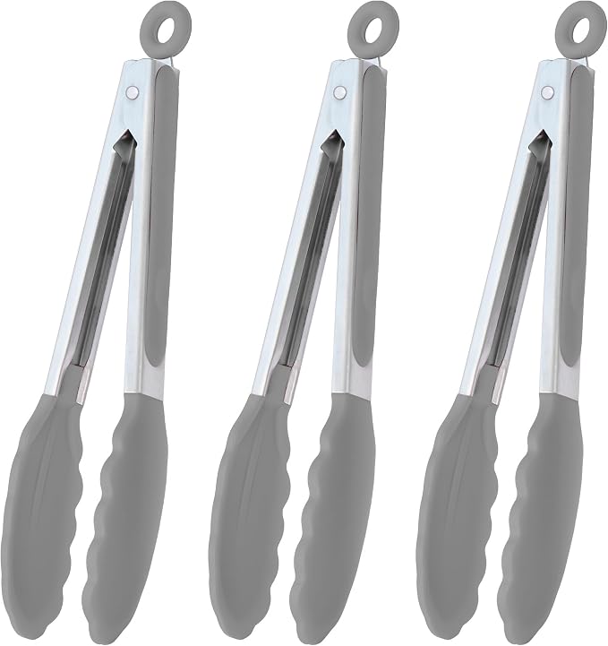 HINMAY Locking Kitchen Tongs with Silicon Tips 9-Inch, Set of 3 (Gray)