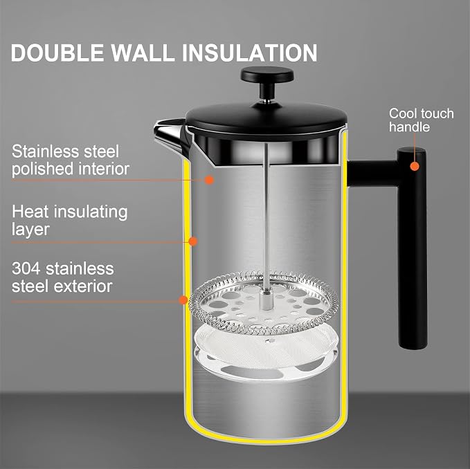 Secura French Press Coffee Maker, 304 Grade Stainless Steel Insulated Coffee Press with 2 Extra Screens, 34oz (1 Litre), Black