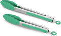 2 Pack Silicone Kitchen Tongs – 9" & 12" Set, Heat Resistant up to 500°F, Non‑Stick Cookware Safe, Wavy Silicone Tips, BPA Free, Locking Clip & Hanging Loop, Turquoise