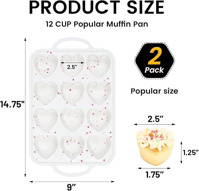 Vinino Silicone Heart Shaped Muffin Pan with Metal Reinforced Frame, 2 Pack Cupcake Pan, Silicone Heart Mold for Baking, Chocolate Bar and Egg Bites, Dishwasher Safe