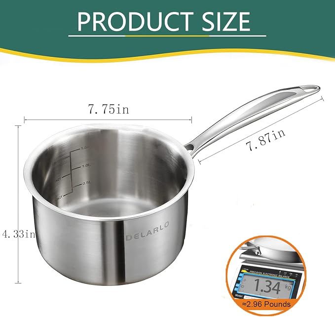 DELARLO Full-body Clad Tri-Ply Stainless Steel 2.5 Quart Saucepan with Lid | Stainless Steel Pot Induction Cooking Sauce Pot Pan, Heavy Duty Saucier Cookware, PFOA&PTFE Free