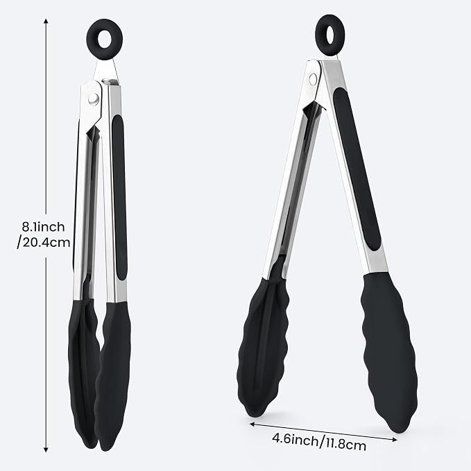 6PCS 7-Inch Silicone Tongs Set, Stainless Steel Tongs with Silicone Tips | Heat-Resistant Small Tongs For Cooking, Serving, Grilling | Dishwasher Safe | Black
