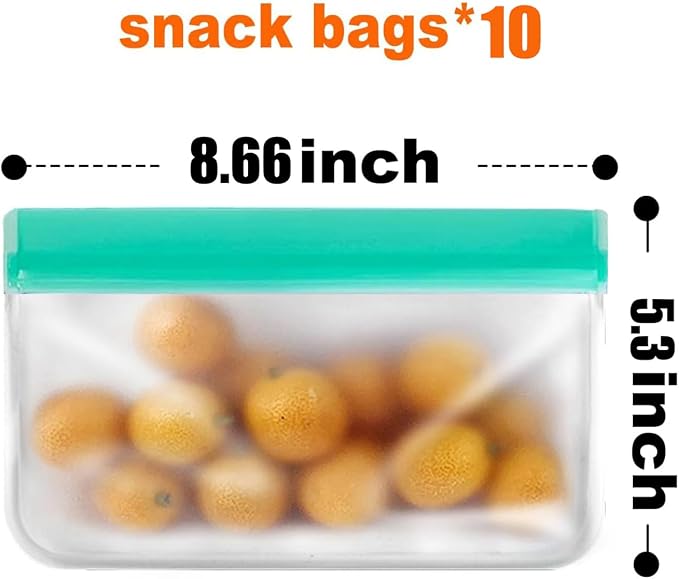 10 Pack Reusable Snack Bags, BPA Free PEVA, Small Snack Size | 10 BPA-free PEVA snack bags with double-seal zippers; dishwasher and freezer safe for lunch, travel, and meal prep.
