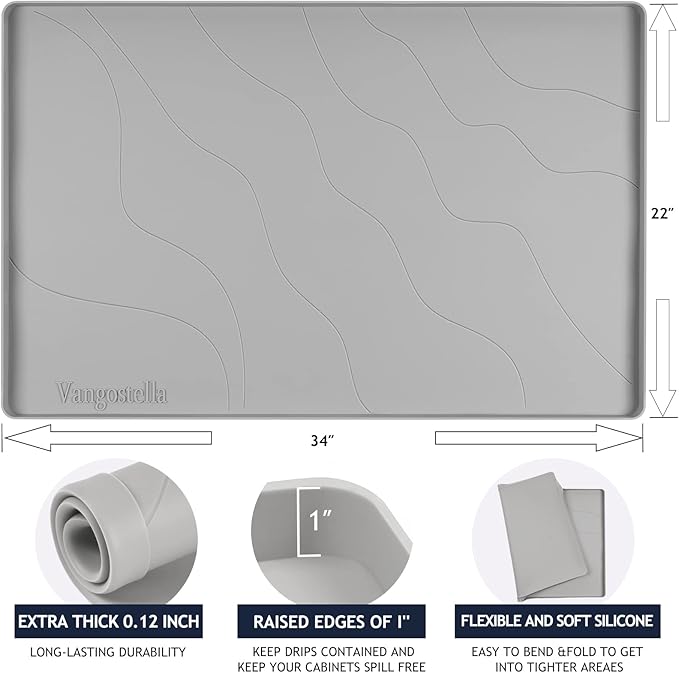 Heavy Duty Silicone Under Sink Mats for Kitchen Waterproof 31" x 19", Extra Thick Under Sink Rubber Mat Drip Tray, Raised Edge Under Sink Liner,Prevent Drips, Leaks, Spills,Grey