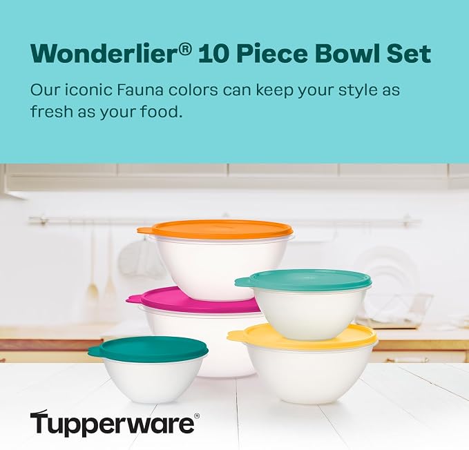 Tupperware Wonderlier 10-Piece Fauna Set (5 Bowls + 5 Lids) | Plastic Food Storage Mixing Bowl with Secure Lids, BPA Free Materials, & Dishwasher-Safe for Kitchen Storage or Meal Prep