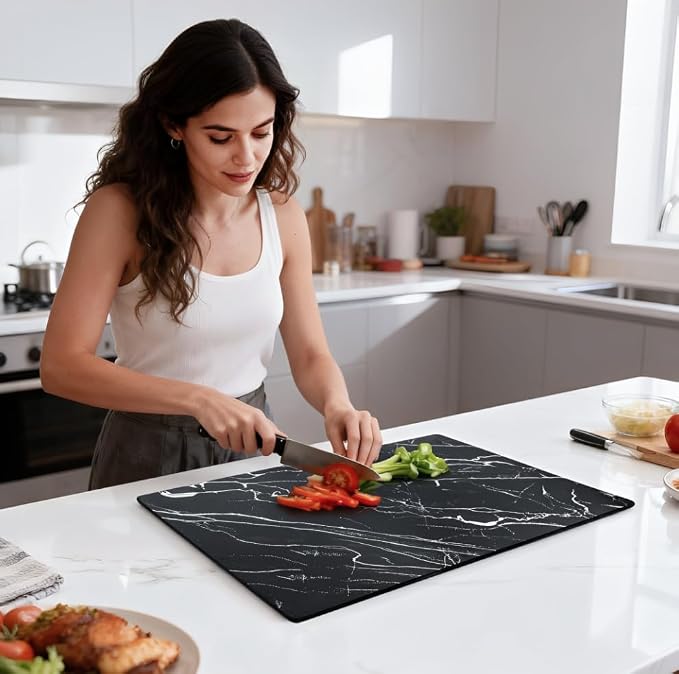 Murrey Home Glass Cutting Board for Kitchen Counter, Tempered Glass Chopping Boards Dishwasher Safe, Small Clear Countertop Tray, Scratch Resistant, Heat Resistant, Non Toxic, Black Marble, 16"x12"