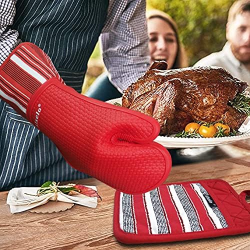 Alselo Silicone Oven Mitts Set, Heat Resistant 550 Degree,7.5"x16" | Extra Long Kitchen Mittens,Waterproof & Non-Silp Oven gloves for Baking Cooking Barbecue Microwave (Extra Long Red, 2)