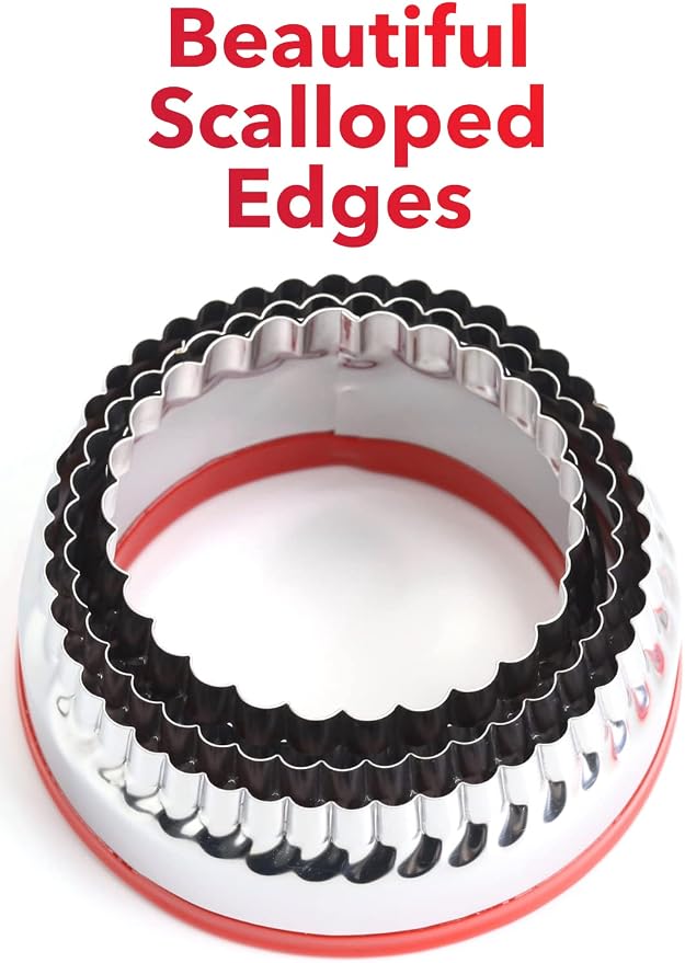 3Pcs Fluted Round Cookie Cutters - 2" & 2.6" & 3", Heavy Duty Food-Grade Stainless Steel, Mini Biscuit Cutter, Unique Design with Protective Red Top PVC