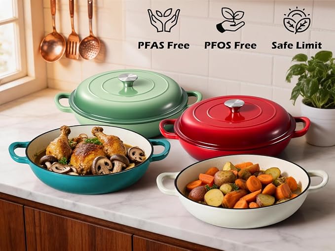 Leonyo 3.6QT Cast Iron Braiser Dutch Oven with Lid, Pistachio Green | Nonstick Enameled Cast Iron Casserole Skillet, Cast Iron Cookware Shallow Dutch Oven with Lid for All Cooktop, Oven Safe