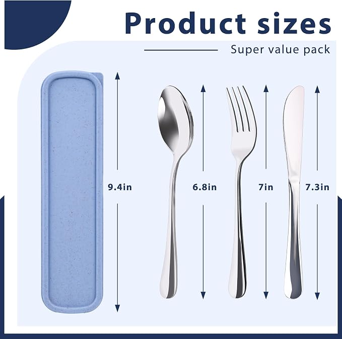 HANSGO Stainless Steel Travel Utensil Set with Case, 4-Piece Portable Knife Fork Spoon Set for Lunch Box, Office, School & Outdoor Use