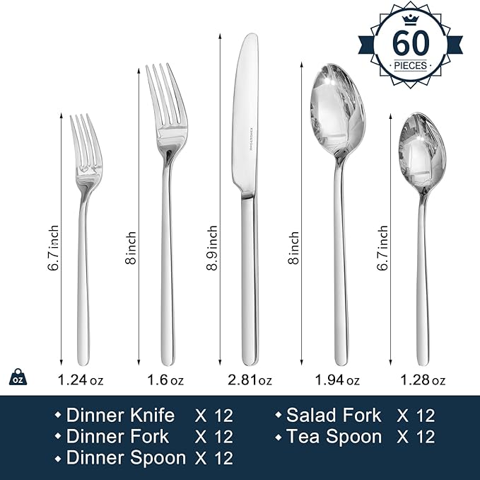 Silverware Set for 12, 60 Piece 18/10 Stainless Steel Flatware Utensils Cutlery Set, Mirror Polished, Dishwasher Safe, Knife Fork Spoon for Home Restaurant Wedding Housewarming