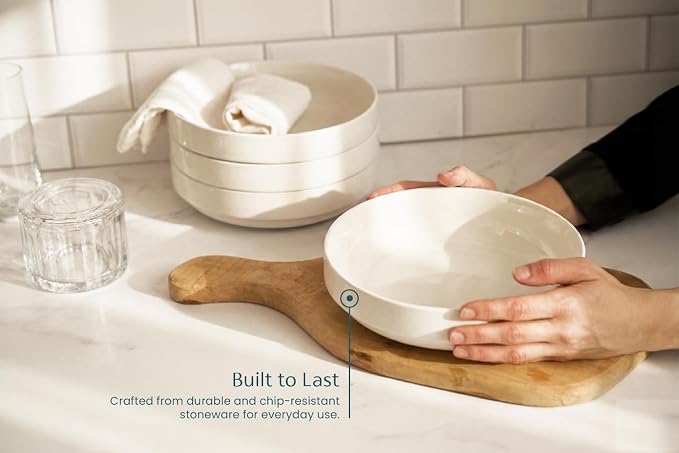KooK Pasta Bowl, Bowl Plate, Low Bowl, Plate Bowls, Ceramic Large Shallow Bowls, Microwave and Dishwasher Safe, Great for Soups and Salads, Glossy Porcelain, 47 oz, Set of 4, White