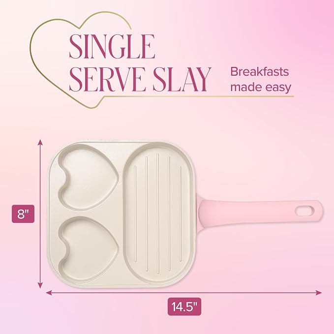 Paris Hilton Ceramic Nonstick Divided Skillet with Heart-Shaped Sections and Grill Plate, Cast Aluminum, Dishwasher Safe, 8-Inch, Pink