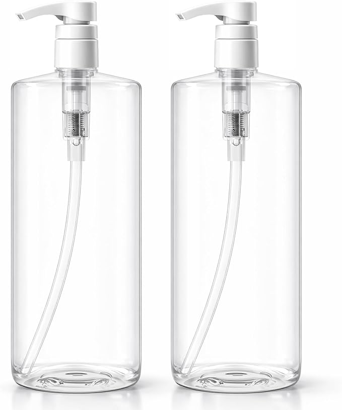 Bar5F Pump Bottle 2-Pack 32-Ounce 1-Liter Empty | For Shampoo Conditioner Body Wash Lotion, BPA-Free, Crystal-Clear