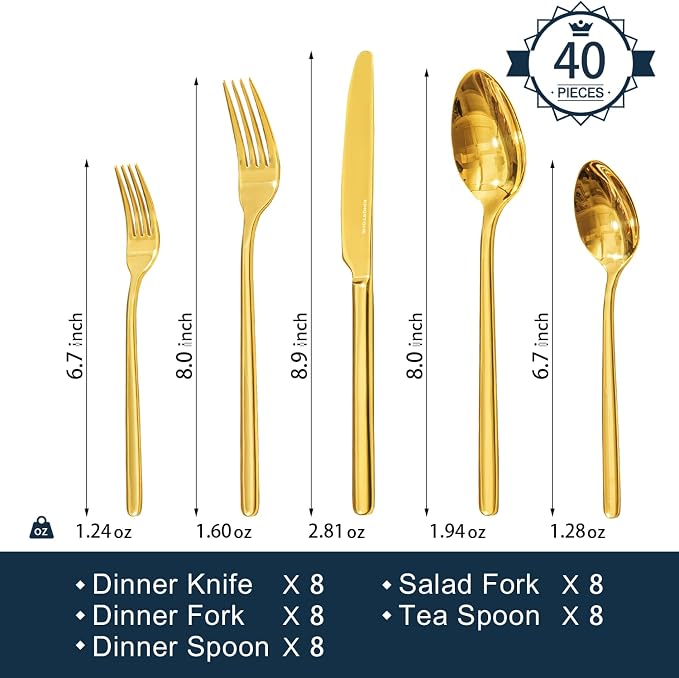 Gold Silverware Set, 40 Piece Flatware Cutlery Set for 8, 18/10 Stainless Steel Silverware Mirror Polished Dishwasher Safe for Home, Restaurant, Wedding, Party(Gold, 40 pieces for 8)