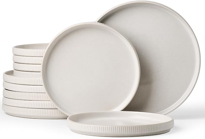 Famiware Star 12pc Stoneware Dinnerware Sets for 6-10.5" & 8" Flat Plates | Ceramic Dishes with Llipped Edges, Chip & Scratch Resistant, Microwave & Dishwasher Safe, Everyday Dining, Cappuccino White